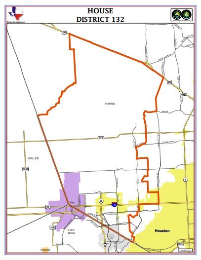 House District 132 covers the Katy area portion of Harris County and extends into the Cypress area.